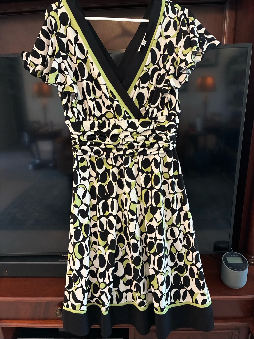 Sandra Darren Black & White Patterned Wrap-Style Midi Dress with Lime Trim